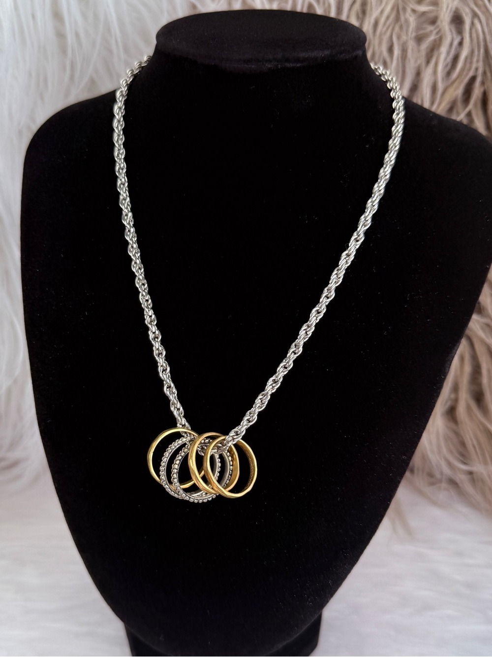 Sara Blaine Mixed Metal Interlocking Ring Pendant Rope Chain Necklace